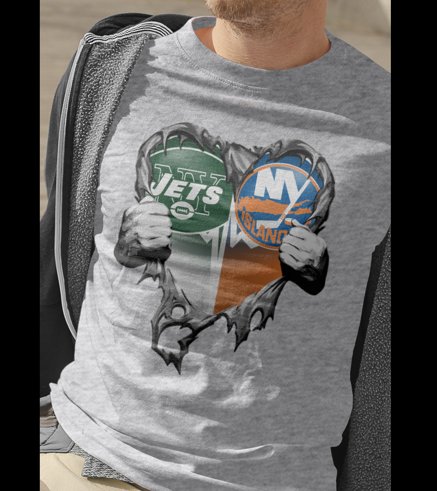 Jets Islanders Heart Rip Torn Metal Hands T-Shirt