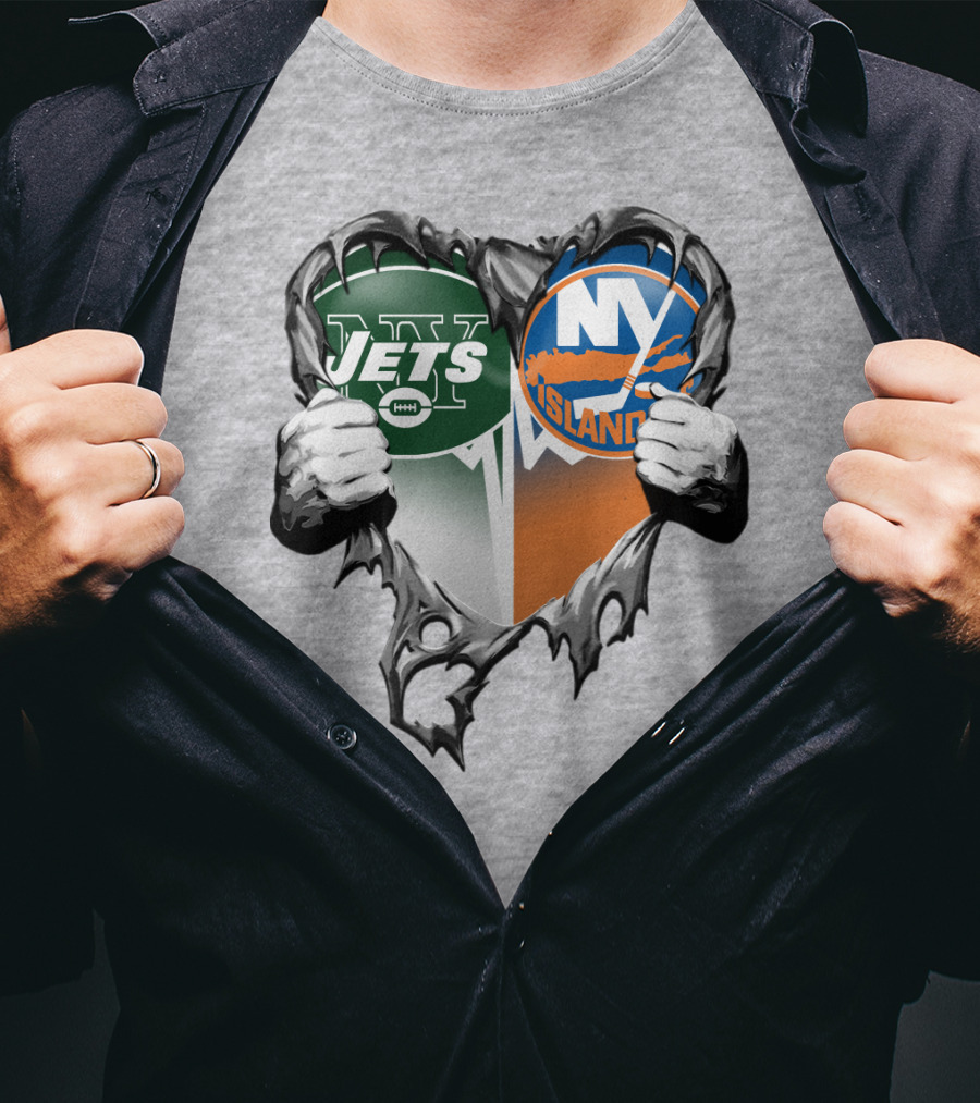 Jets Islanders Heart Rip Torn Metal Hands T-Shirt