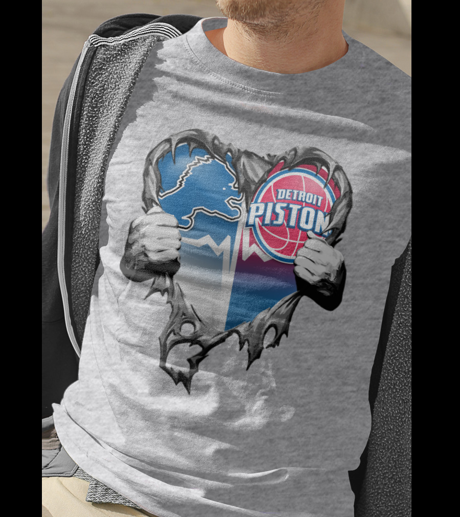 Detroit Lions And Detroit Pistons Heart Logo Fusion T-Shirt