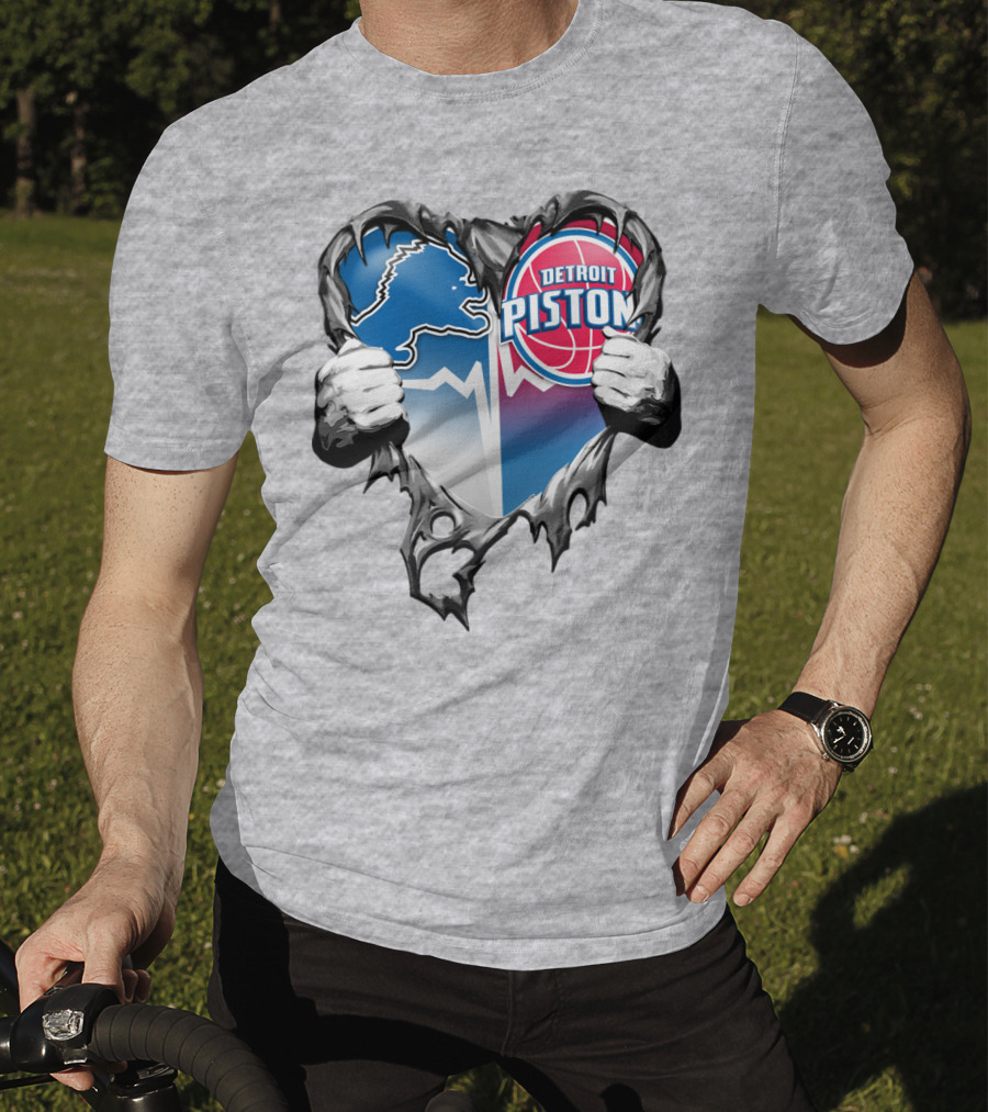 Detroit Lions And Detroit Pistons Heart Logo Fusion T-Shirt