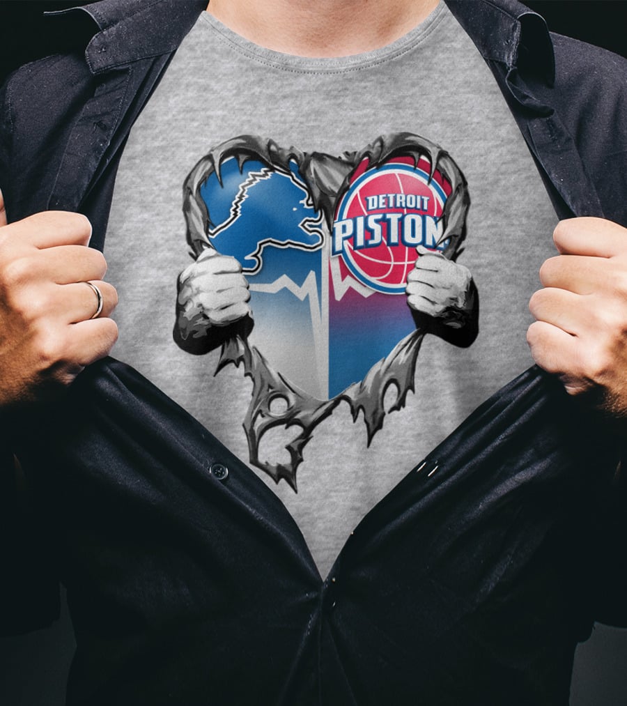 Detroit Lions And Detroit Pistons Heart Logo Fusion T-Shirt