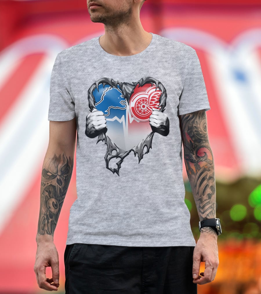 Xatt073 Detroit Lions Red Wings Heart Rip T-Shirt