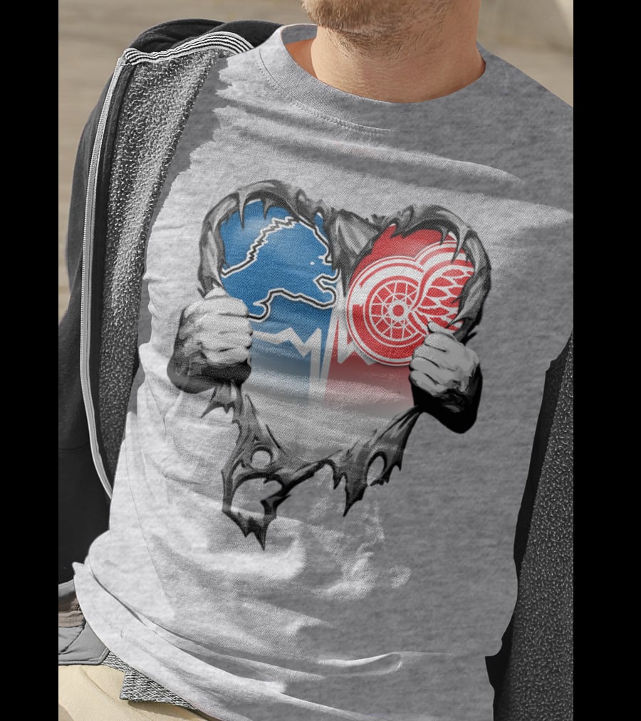 Xatt073 Detroit Lions Red Wings Heart Rip T-Shirt