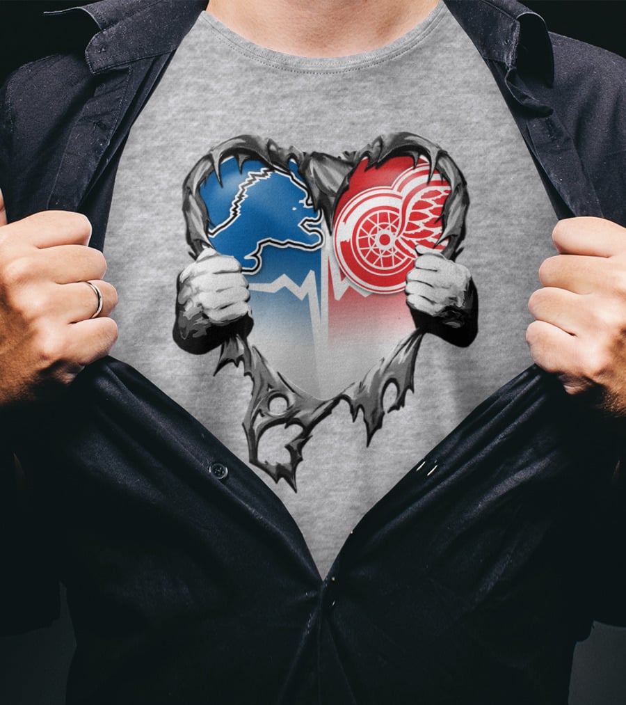 Xatt073 Detroit Lions Red Wings Heart Rip T-Shirt