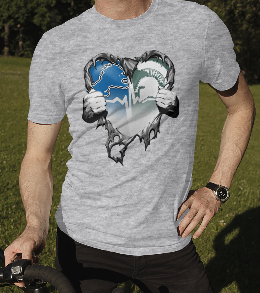 Detroit Lions And Michigan State Spartans Heart Logo Collaboration T-Shirt