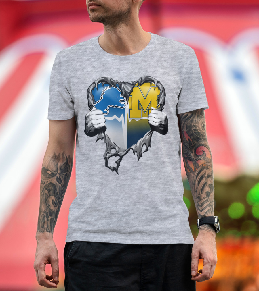 Detroit Lions And Michigan Wolverines Split Heart T-Shirt