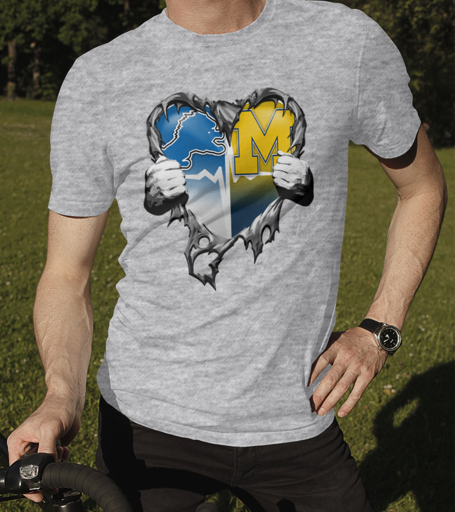 Detroit Lions And Michigan Wolverines Split Heart T-Shirt