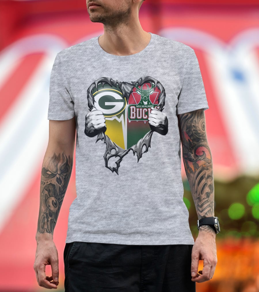 Green Bay Packers Milwaukee Bucks Heart T-Shirt