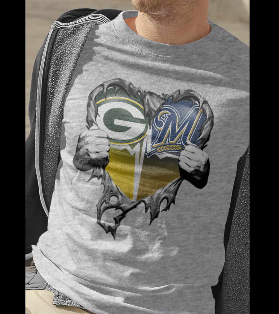 Green Bay Packers Milwaukee Brewers Heart Tear T-Shirt