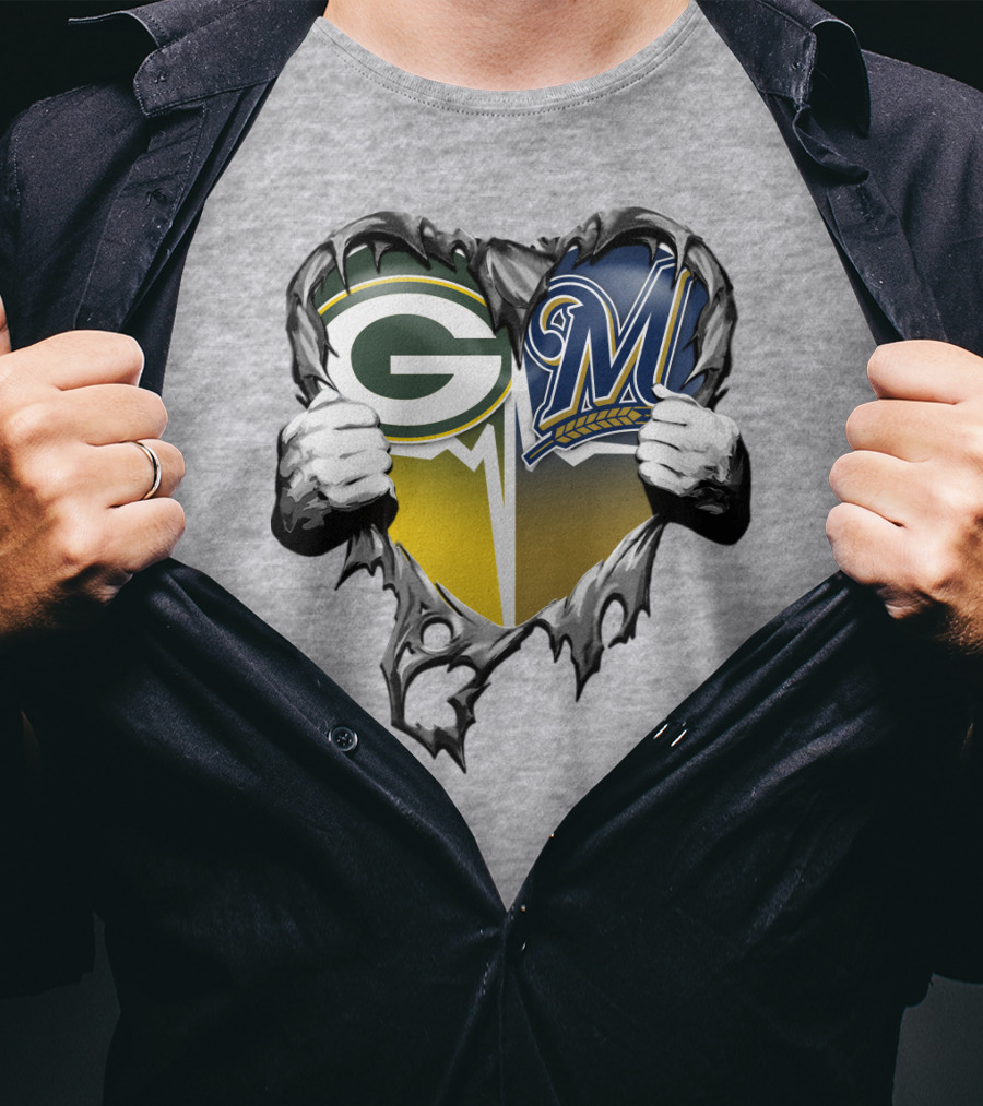 Green Bay Packers Milwaukee Brewers Heart Tear T-Shirt