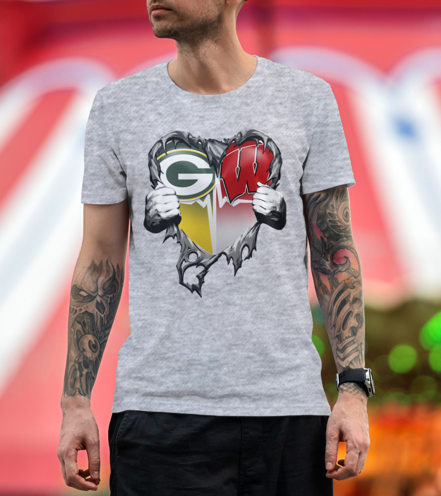 Green Bay Packers And Wisconsin Badgers Rip Heart T-Shirt