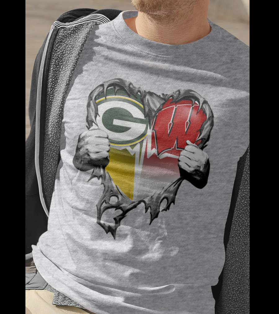 Green Bay Packers And Wisconsin Badgers Rip Heart T-Shirt