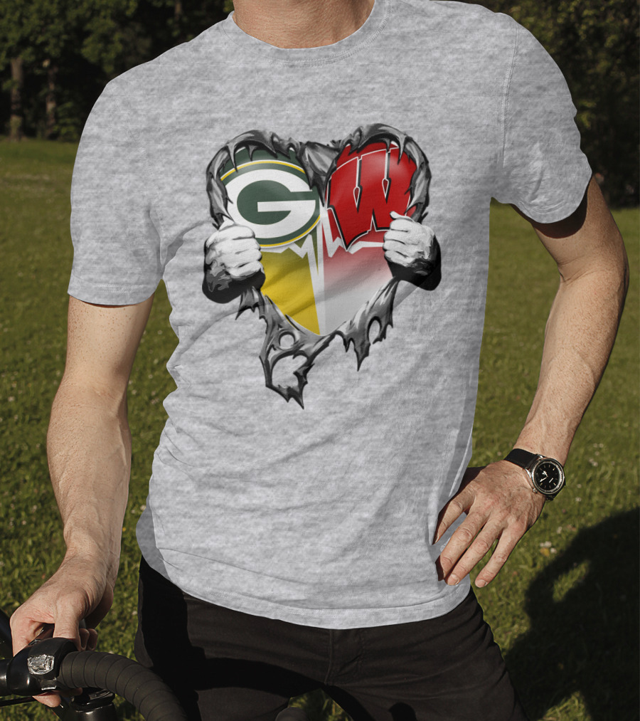 Green Bay Packers And Wisconsin Badgers Rip Heart T-Shirt