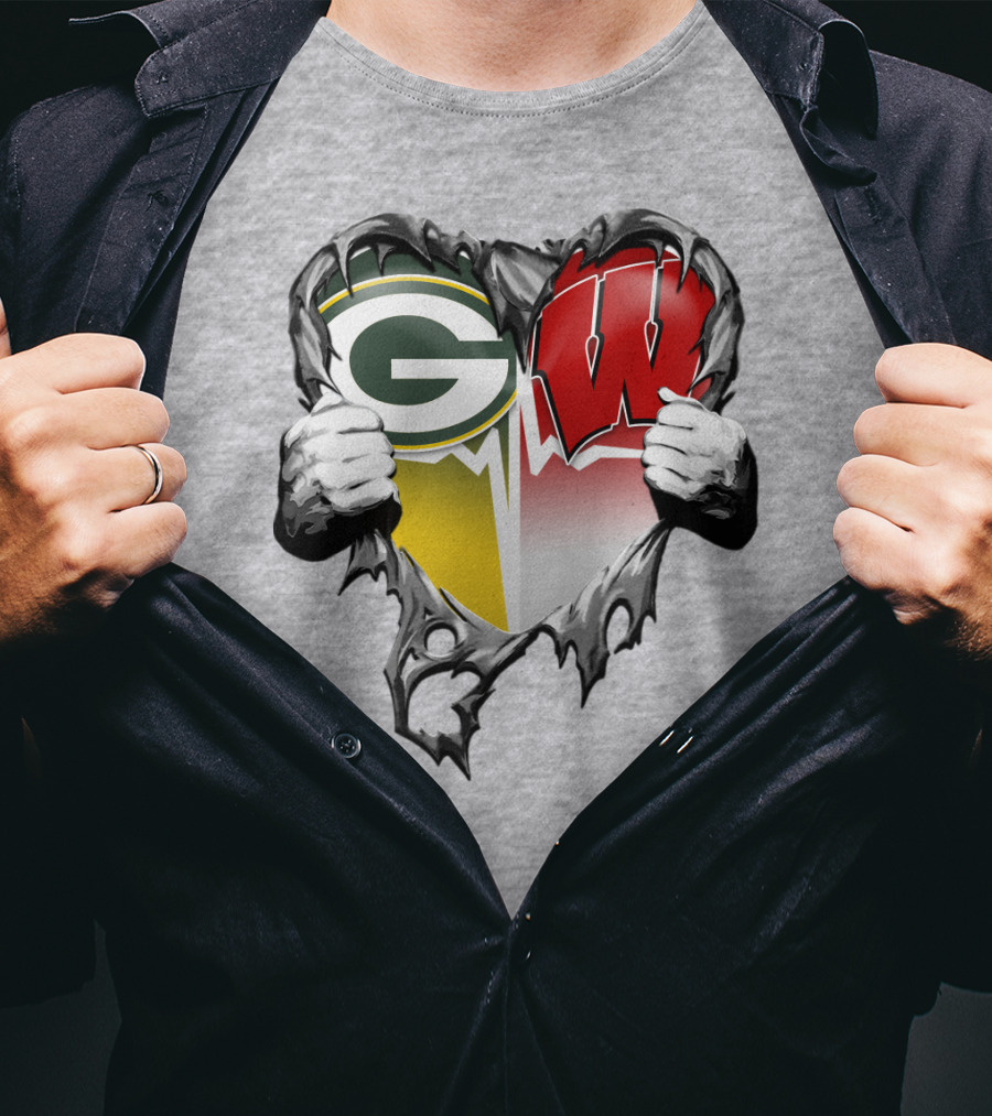 Green Bay Packers And Wisconsin Badgers Rip Heart T-Shirt