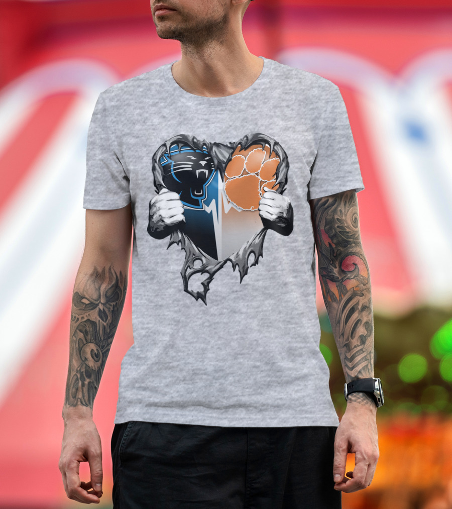 Carolina Panthers Clemson Tigers Heart Ripped T-Shirt