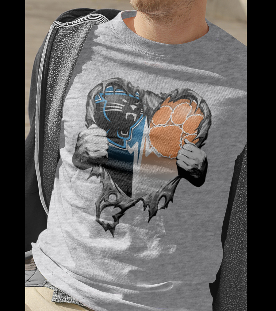 Carolina Panthers Clemson Tigers Heart Ripped T-Shirt
