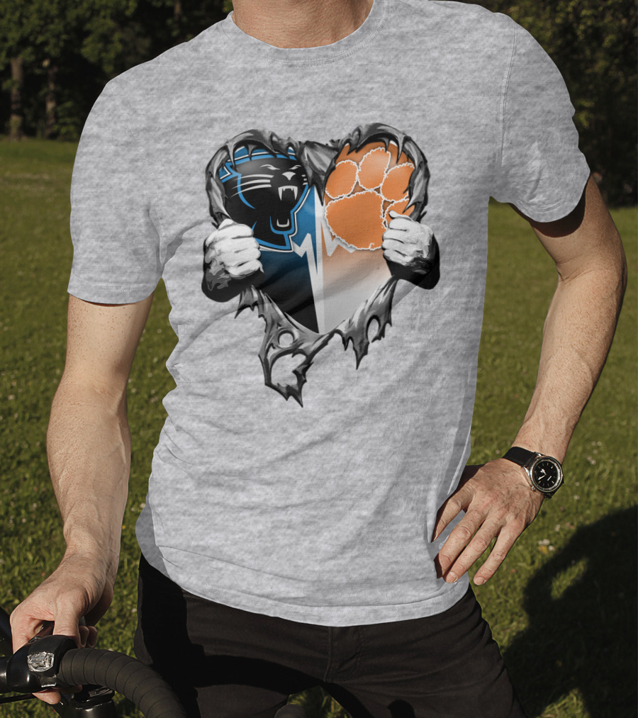 Carolina Panthers Clemson Tigers Heart Ripped T-Shirt