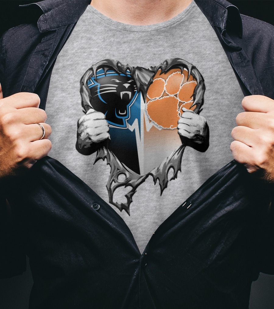 Carolina Panthers Clemson Tigers Heart Ripped T-Shirt