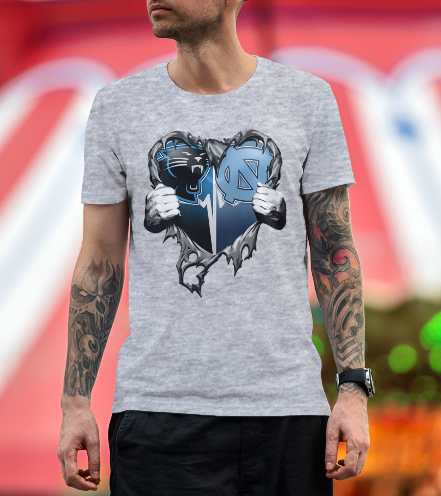 Carolina Panthers Unc Tar Heels Heart Ripped T-Shirt