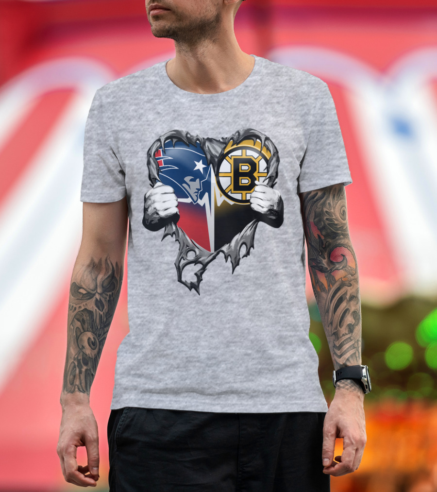 Patriots Bruins Torn Heart Logo Fusion T-Shirt