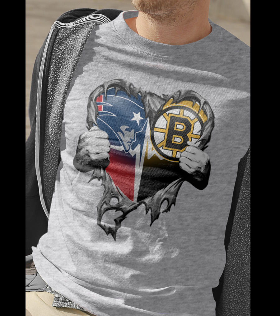 Patriots Bruins Torn Heart Logo Fusion T-Shirt