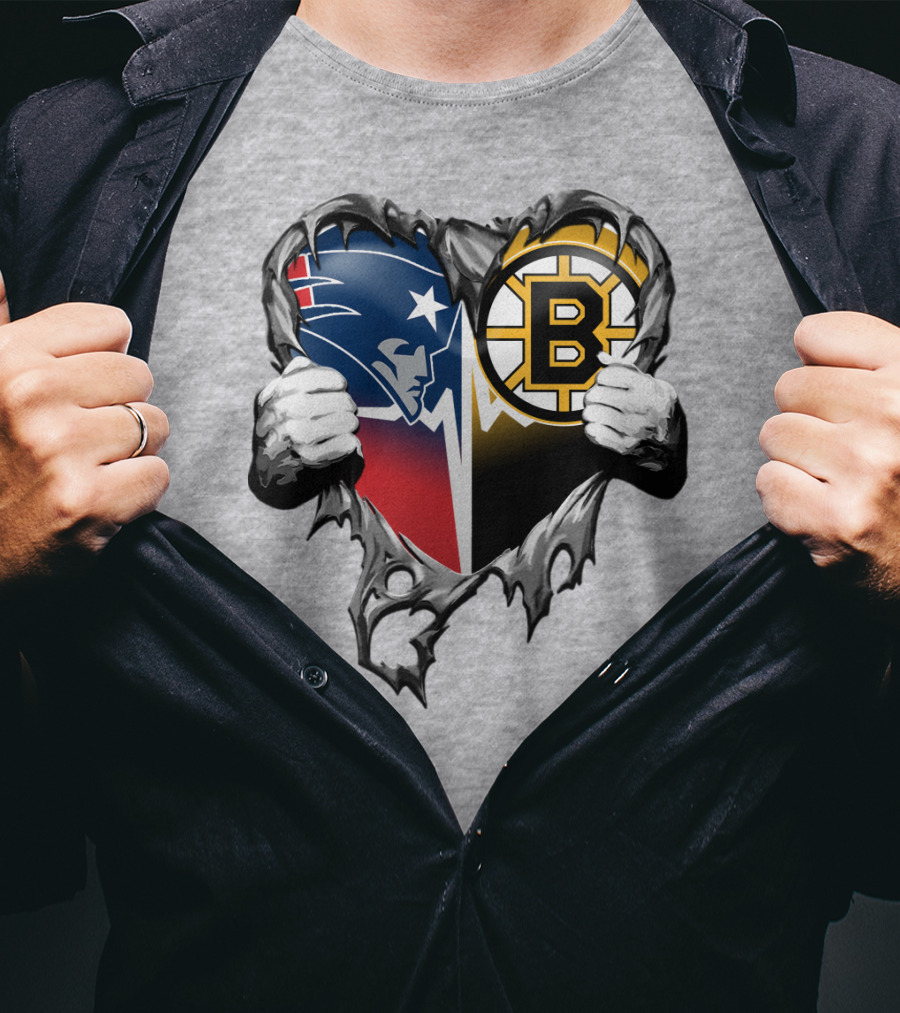 Patriots Bruins Torn Heart Logo Fusion T-Shirt