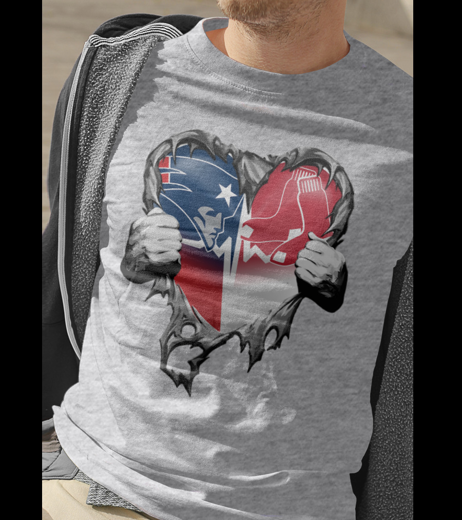 Patriots And Red Sox Heart Design With Torn Metal Effect T-Shirt