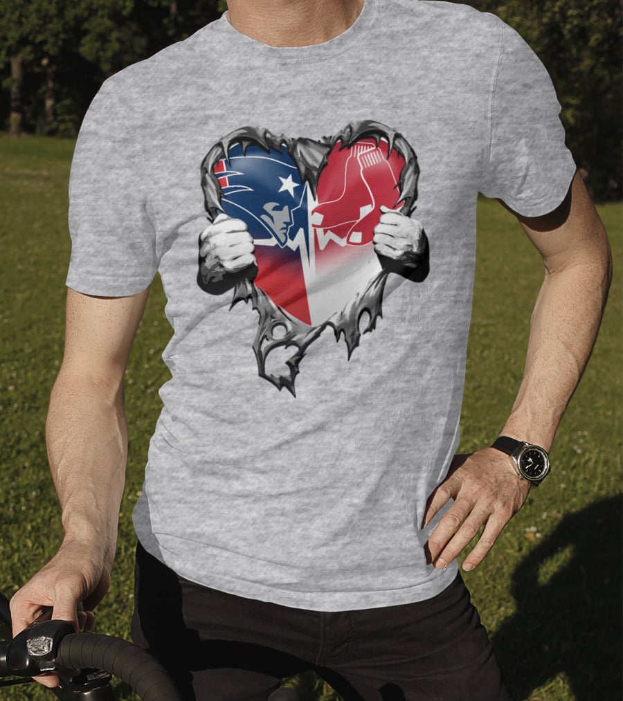 Patriots And Red Sox Heart Design With Torn Metal Effect T-Shirt