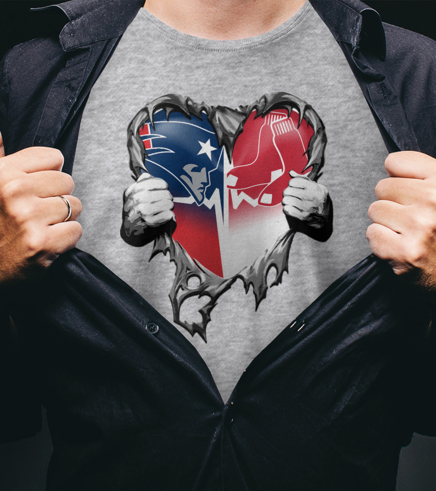 Patriots And Red Sox Heart Design With Torn Metal Effect T-Shirt