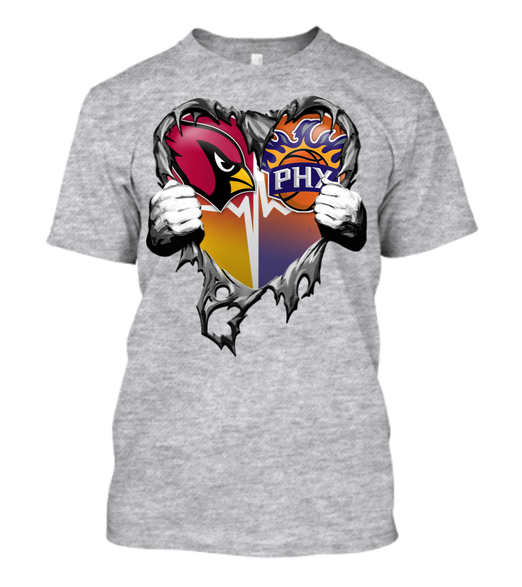 Arizona Cardinals And Phoenix Suns Heart Symbol With Torn Metal Effect T-Shirt