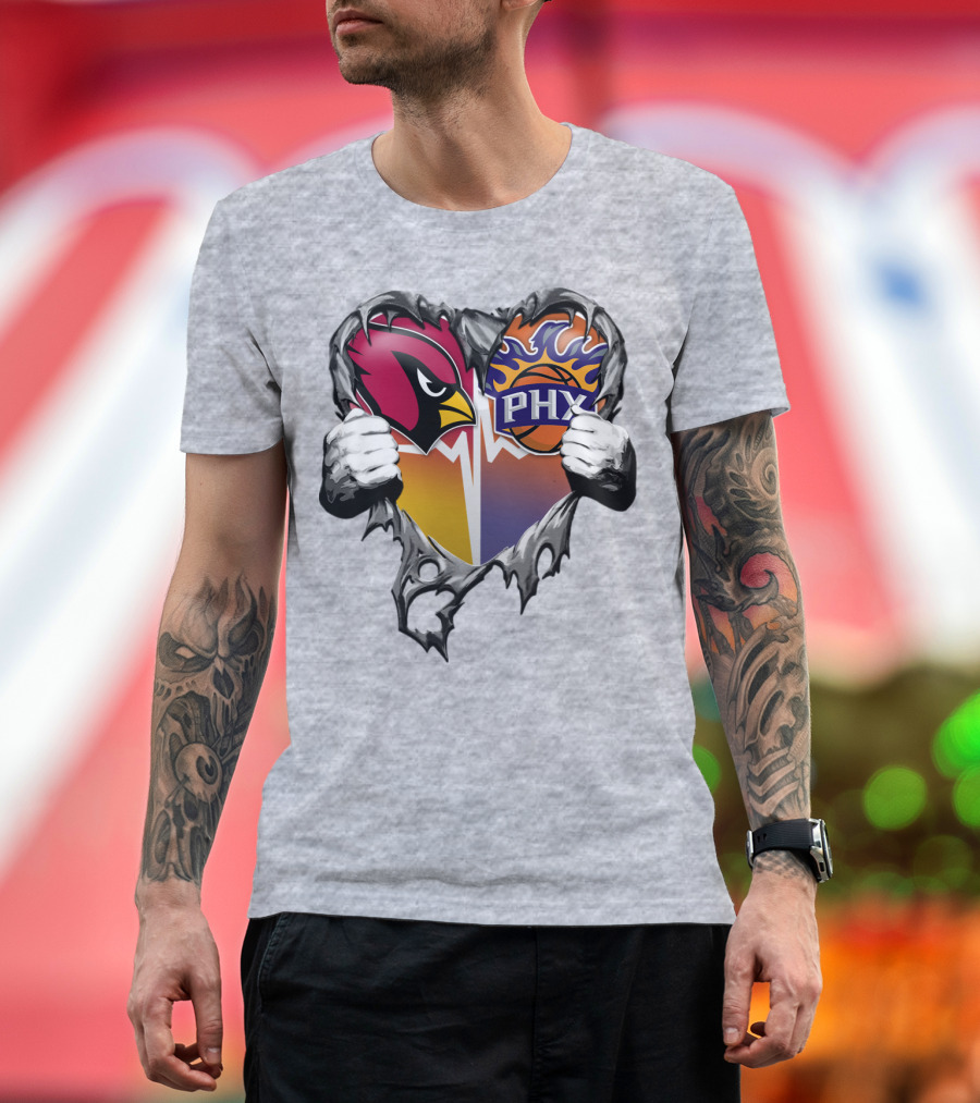 Arizona Cardinals And Phoenix Suns Heart Symbol With Torn Metal Effect T-Shirt