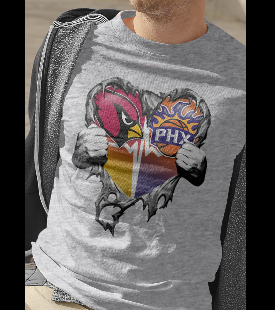 Arizona Cardinals And Phoenix Suns Heart Symbol With Torn Metal Effect T-Shirt