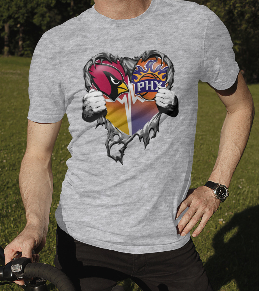 Arizona Cardinals And Phoenix Suns Heart Symbol With Torn Metal Effect T-Shirt
