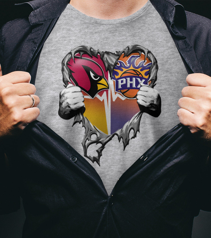 Arizona Cardinals And Phoenix Suns Heart Symbol With Torn Metal Effect T-Shirt