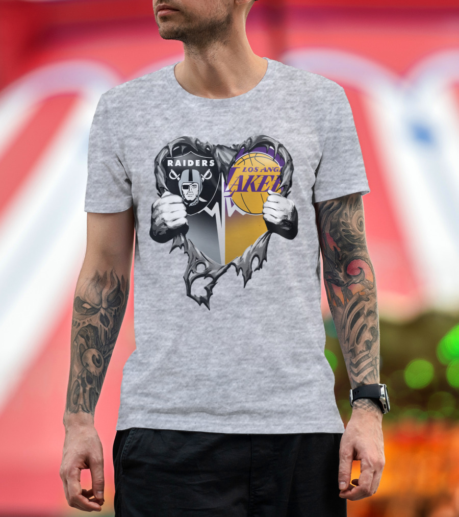 Raiders Los Angeles Lakers Heart Logo Tear T-Shirt