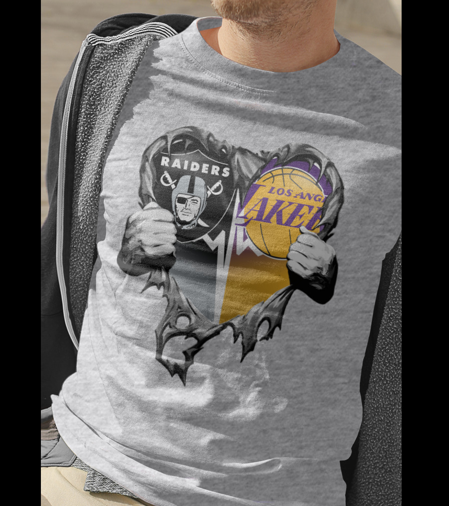 Raiders Los Angeles Lakers Heart Logo Tear T-Shirt