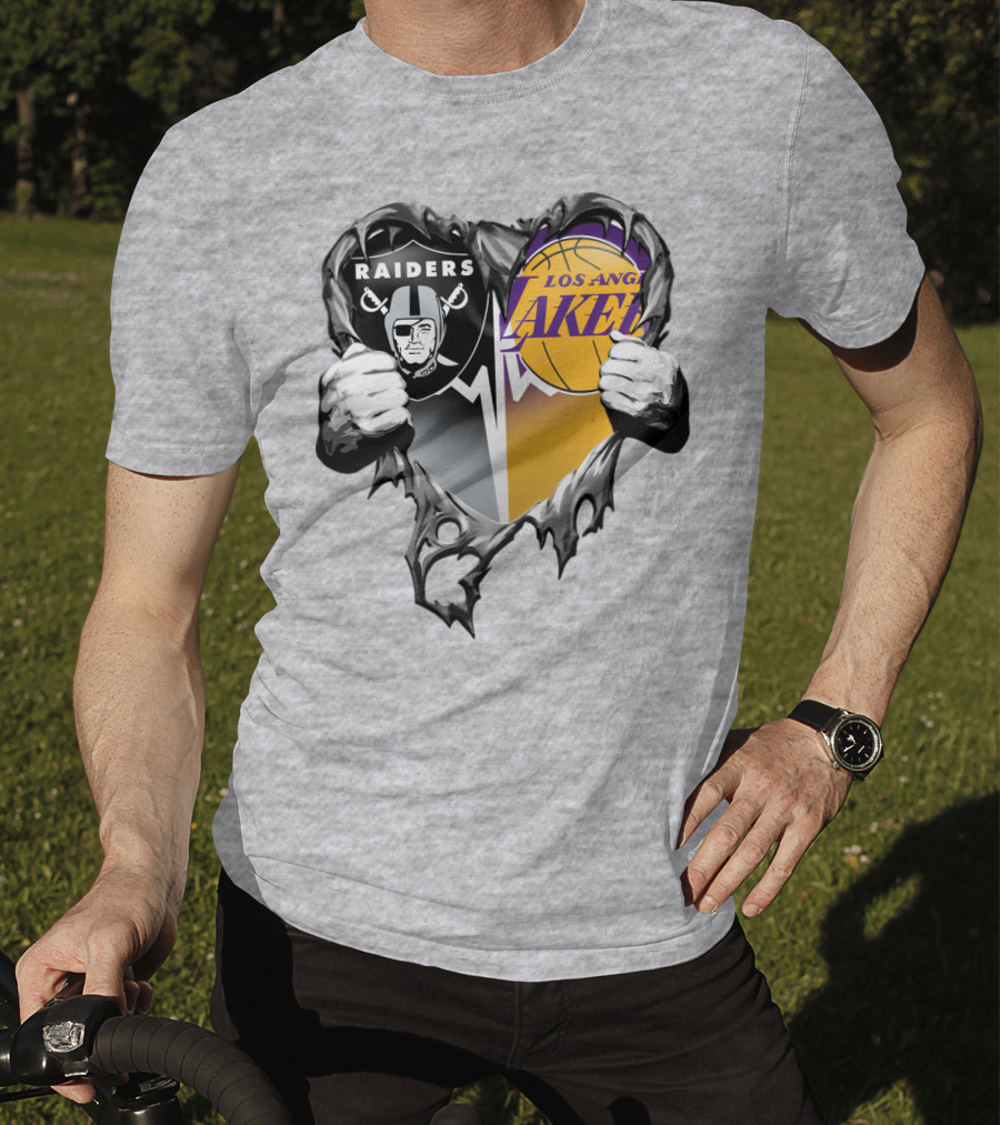 Raiders Los Angeles Lakers Heart Logo Tear T-Shirt