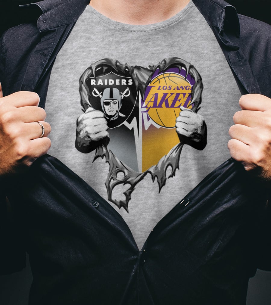 Raiders Los Angeles Lakers Heart Logo Tear T-Shirt