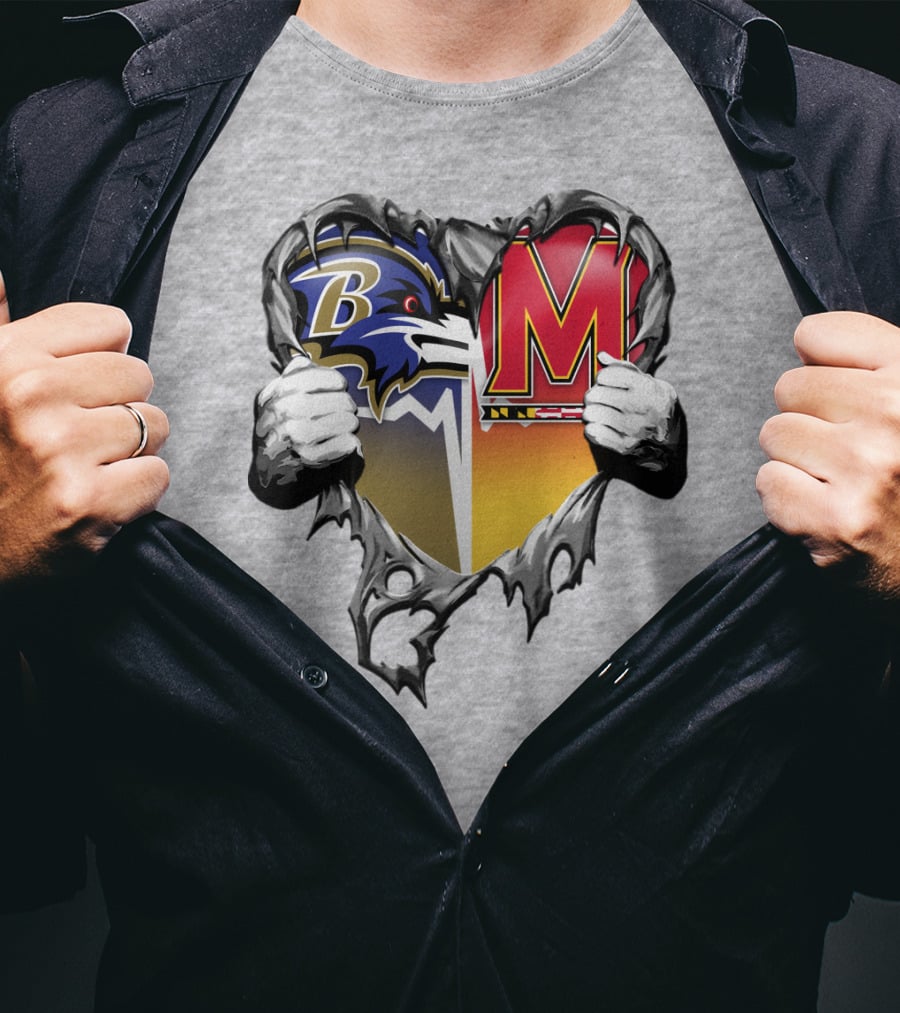 Baltimore Ravens Maryland Terrapins Heart Rip Football Fan T-Shirt