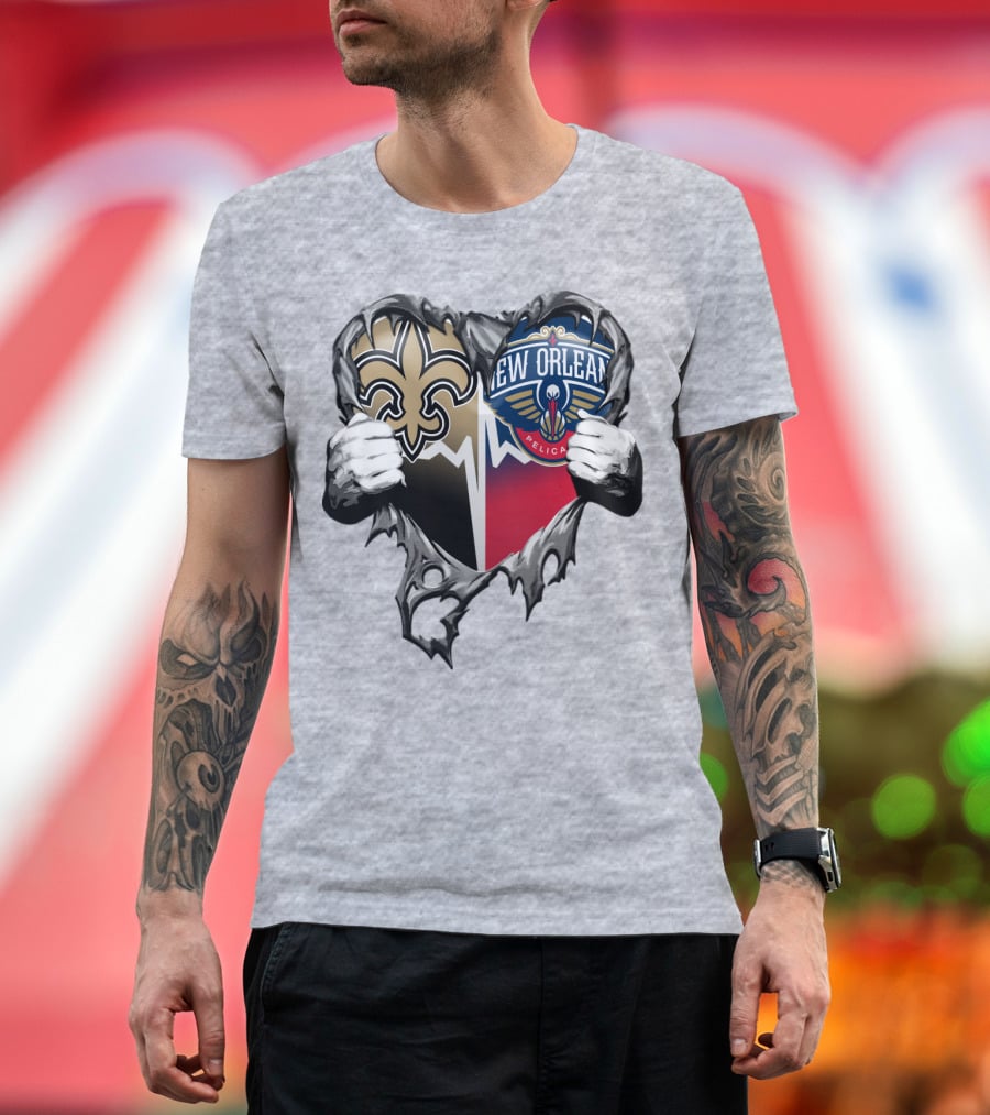 New Orleans Saints Pelicans Heart Tear T-Shirt