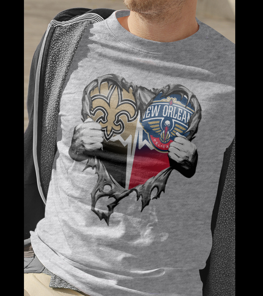 New Orleans Saints Pelicans Heart Tear T-Shirt