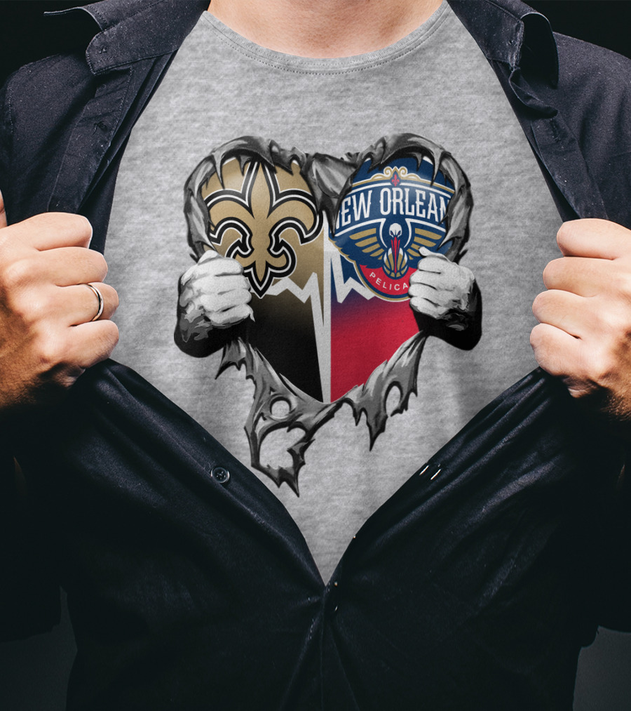New Orleans Saints Pelicans Heart Tear T-Shirt