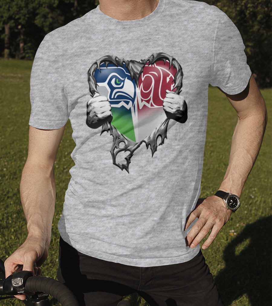 Seattle Seahawks And Washington State Cougars Split Heart T-Shirt
