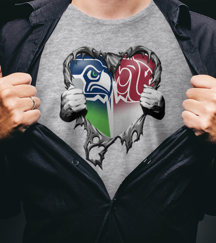 Seattle Seahawks And Washington State Cougars Split Heart T-Shirt