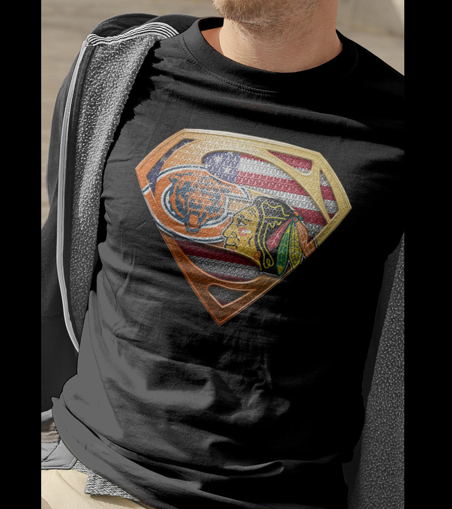 Chicago Bears Blackhawks Flag Superman T-Shirt