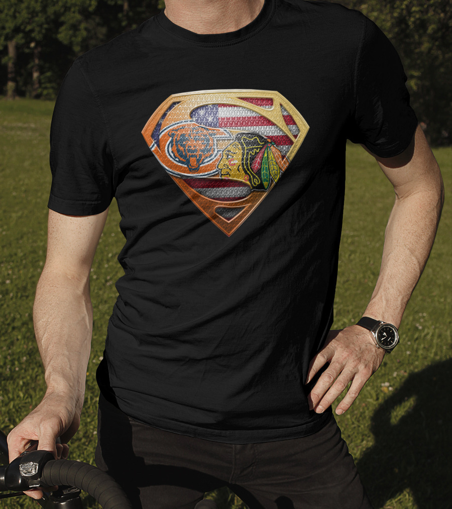 Chicago Bears Blackhawks Flag Superman T-Shirt