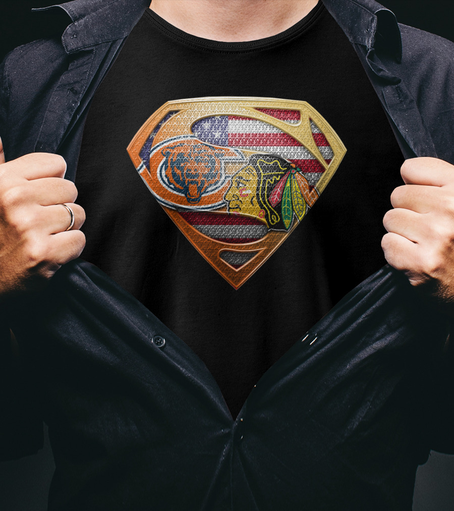 Chicago Bears Blackhawks Flag Superman T-Shirt