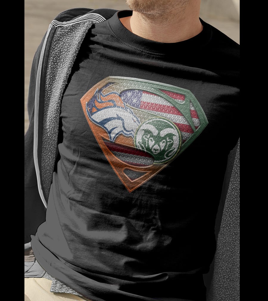 Denver Broncos And Colorado State Rams Superman Shield American Flag Montage T-Shirt