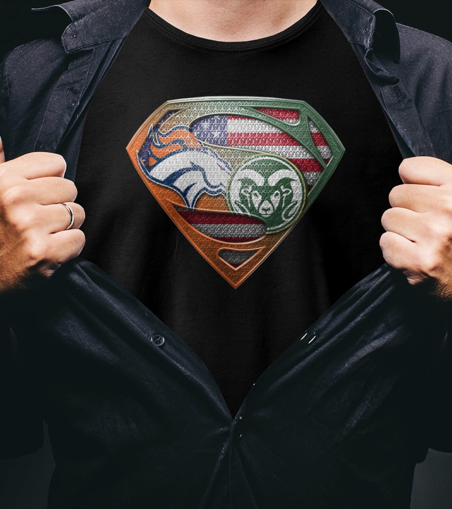 Denver Broncos And Colorado State Rams Superman Shield American Flag Montage T-Shirt