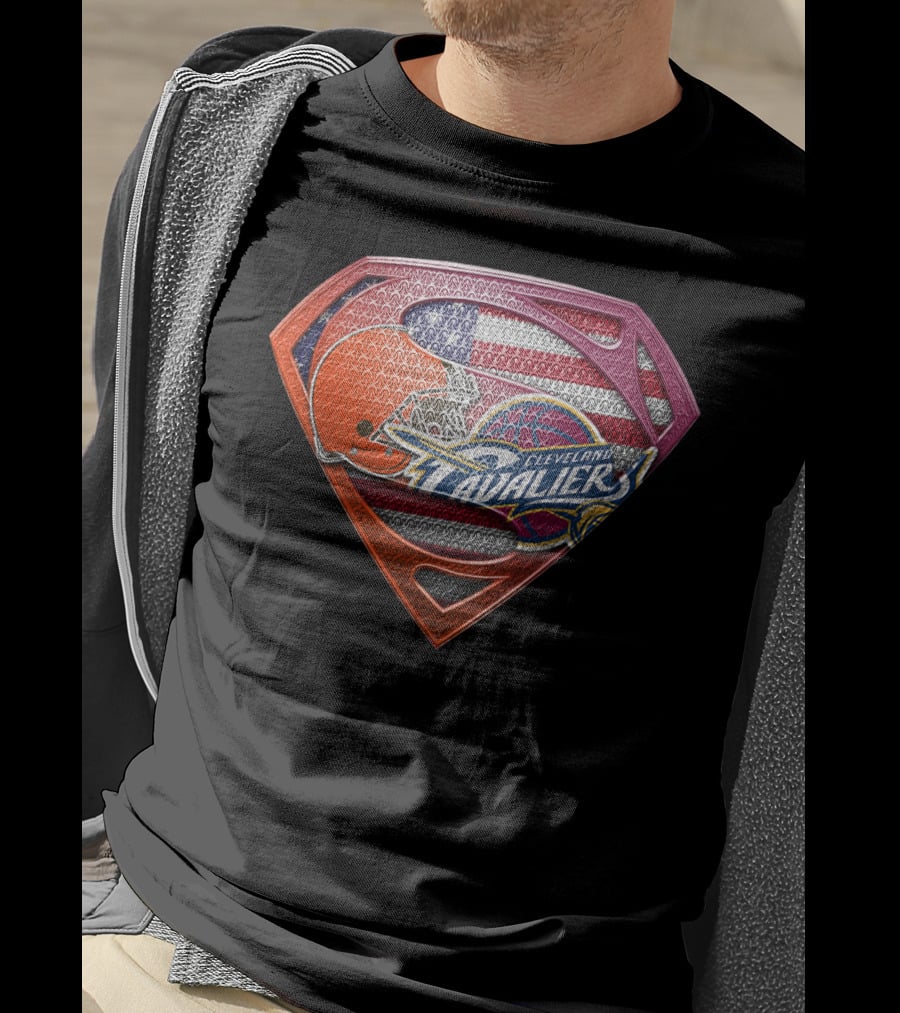 Cleveland Cavaliers And Browns Superman Shield With American Flag T-Shirt